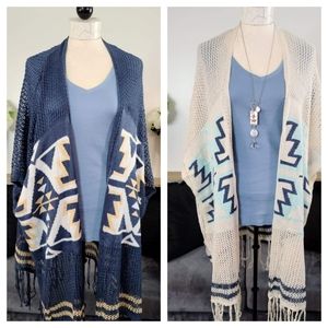 A Reve Boho Aztec Open Knit Fringed Open Cardigan Kimono